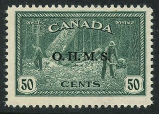 Canada 1949 50c Logging Ohms Overprint Sc O9 Nh