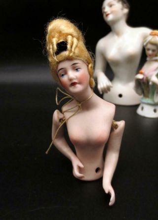 Vintage Porcelain Germany Half Doll Pincushion Blond Wig Jointed Arms