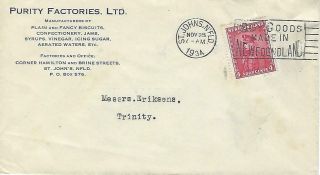 1934 Newfoundland Business Cover From Purity Factories,  Ltd. ,  St.  John 