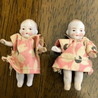 Antique Petite All Bisque Jointed Twin Baby Dolls 2 1/4” Antique Outfits