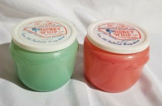 2 Vintage Glasbake Honey Whip Jars With Lids Green And Coral