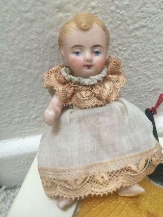 Adorable 3 1/2 " Antique German All Bisque Baby Doll With Molded Blonde Hair