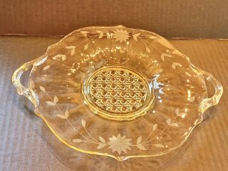 Vtg Lancaster Yellow Depression Glass Etched Flowers Plate With Handles Jubilee