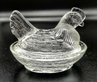 Vintage Small Hen On Nest Clear Glass Covered Candy Dish Made In Taiwan