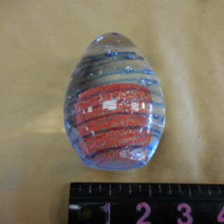 Vintage Large Egg Shape Hand Blown Glass Paper Weight - Blue & Red