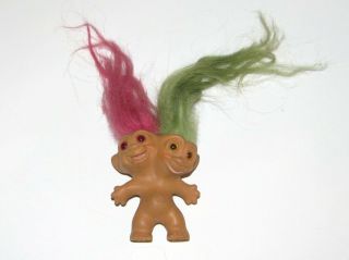 Vintage Two Headed Troll Doll Pink & Green Hair 1965 Uneeda