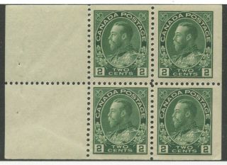 Canada 1922 Kgv Admiral 2c Green Booklet Pane Of 4 107b Vf Mlh