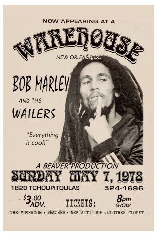 Bob Marley & Wailers At A Warehouse In Orleans Concert Poster 1978 12x18