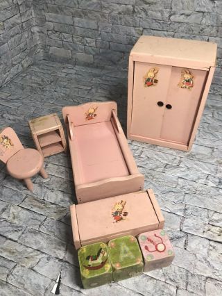 Vintage Antique Wooden Pink Furniture Bedroom Set Bed Blocks Closet Chair