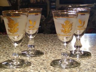 Set Of 4 Vintage Libbey Gold Leaf Stemmed Cordial Glasses