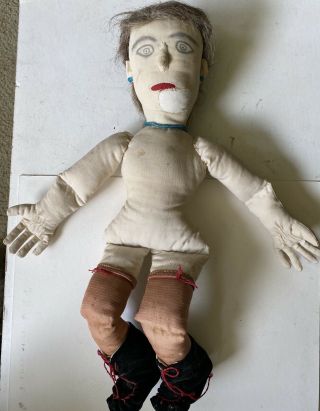 Vintage / Antique 17” Hand - Made Rag Doll W/ Real Hair & Hand - Drawn Face