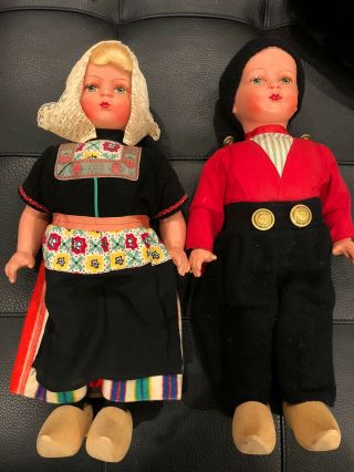 Antique Dolls Pair Dutch Boy & Girl Wooden Articulated Clogs