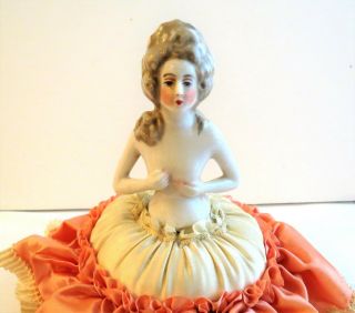 Antique Vtg Half Lady Porcelain Doll Pin Cushion Nude French 4 1/2 "