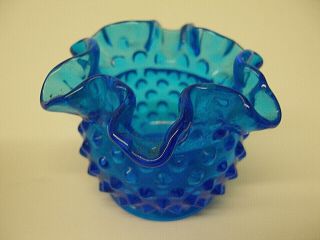 Vintage Fenton Hobnail Art Glass Rose Bowl Vase Periwinkle Blue Ruffled Rim