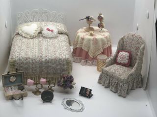 17 Piece Miniature Dollhouse Bedroom Set Bed,  Side Table,  Chair By Anne Rutt