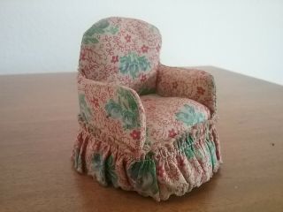 Vintage Dollhouse Furniture,  Arm Chair,  Flower Cloth On Cardboard & Foam