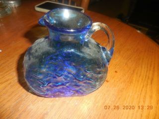 Vintage Pilgrim Art Glass 4 " Blue Rock Crystal Pitcher Miniature W/ Clear Handle