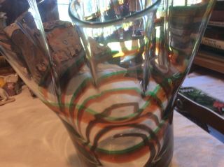 Large Art Glass Vase Green/gold Swirled & Scalloped Top
