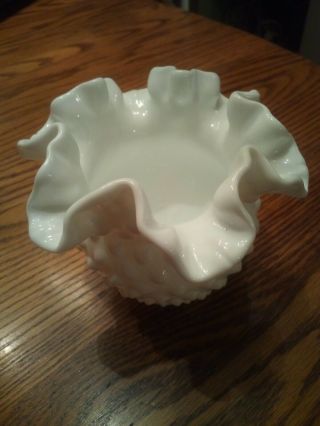 Vintage Fenton Hobnail White Milk Glass Vase Crimped Ruffled Edge Great