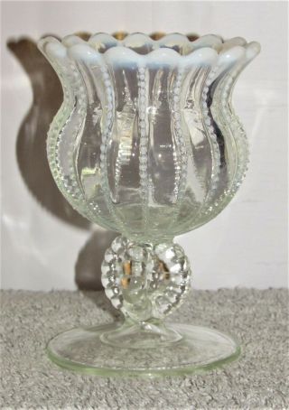 Antique Northwood - Dugan White Opalescent Beaded Panel Footed Rose Bowl 1899 -