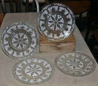 Vintage Clear Pressed Glass Beaded Thousand - Eyes Hobnail Daisy Plates Set Of 4