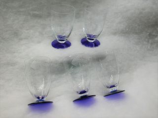 Weston Louie Etched Juice Goblets 5 Glasses Cobalt Blue Base Crystal Stem