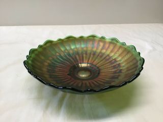 Vintage Fenton Glass Stippled Ray Green Carnival Glass Shallow Bowl - Circa 1911