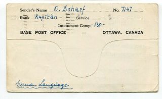 Canada / Germany WWII POW 1942 Seebe,  Alberta - Camp 130 Censor Postcard to USA 2