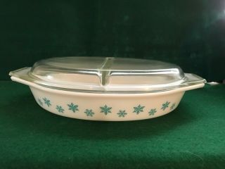 Vintage Pyrex Turquoise Snowflake Divided Casserole Covered Dish W/lid