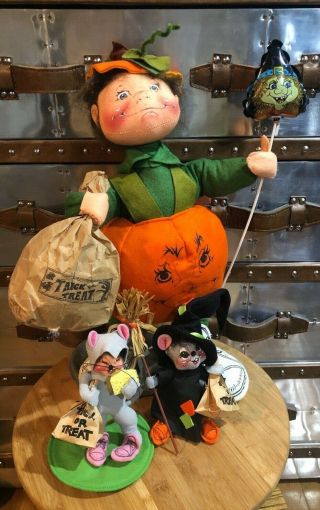 Vintage Set Of 3 Annalee Halloween Trick Or Treat Kids Mouse/witch/pumpkin