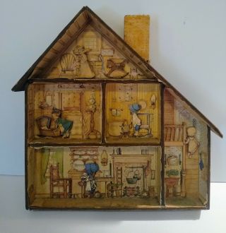 Antique Early 1900s Wooden Frame Lithograph Papered Pop Out Doll House