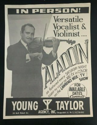 Mid - Century Promo Flyer For Lawrence Welk Show Violinist & Vocalist " Alladin "
