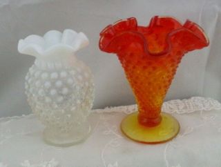 2 Small Vintage Hobnail Glass Vases Orange And White