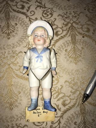6” Antique Hertwig? German Bisque Jointed Molded Boots Blonde Boy Sailor Outfit