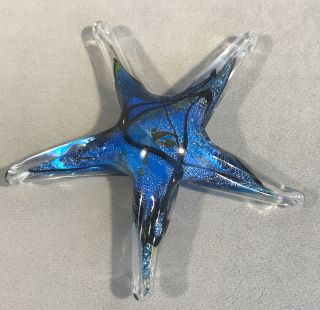 Pv04829 Vintage Murano (?) Glass Starfish Paperweight - Blue,  Black & Silver