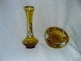 Vintage Murano Amber Glass Bud Vase,  Painted Flowers W Matching Ashtray