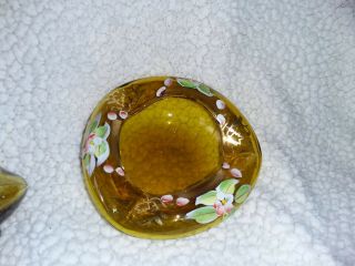 Vintage Murano Amber Glass Bud Vase,  Painted Flowers w matching Ashtray 2