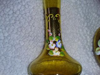 Vintage Murano Amber Glass Bud Vase,  Painted Flowers w matching Ashtray 3