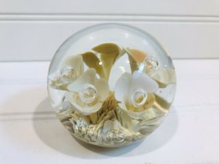 Vintage Joe St.  Clair Art Glass Paperweight - Cream Yellow Bubble Flowers