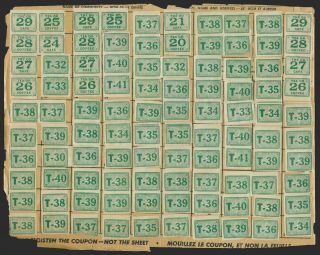 Canada Revenues Ez,  Large Storekeeper’s Sheet With 100 Ration Coupons For Tea.