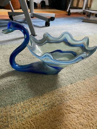 Vintage Hand Blown Italian Art Glass Cobalt Blue Swan Bowl Large Candy Dish