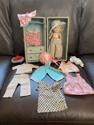 Antique 1930s Arranbee Nancy Composition Doll W/ Wood Trunk & Clothing