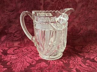 Vintage 7 1/4” Water Pitcher Heavyweight Pressed Glass Clear Intricate Victorian