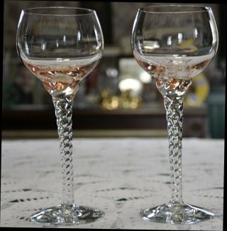 2 Pink Peach Clear Twist Stem Wine Glasses Barware