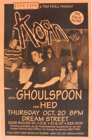 Korn / Ghoulspoon / Hed 1994 San Diego Concert Tour Poster - Alt Metal Rock