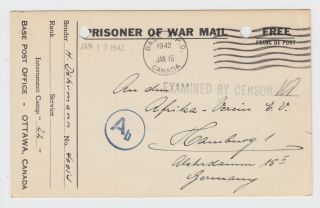 Ww2 German Prisoner Of War Mimico Canada Card Double Censored 1942 To Hamburg