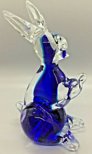 Vintage Clear & Cobalt Blue Murano Style Blown Art Glass Easter Bunny Rabbit