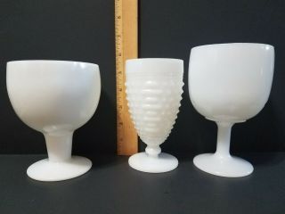 3 Vintage White Milk Glass Goblet Hobnail