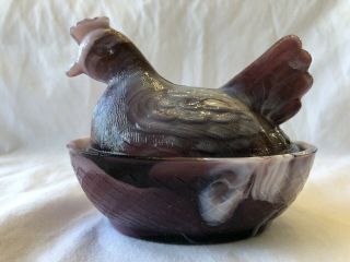 Vintage Aa Importing Purple And White Slag Glass Hen On Nest 1940’s - 1950’s