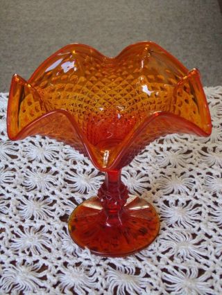 Vintage Orange Diamond Point Compote/ Footed Candy Dish Ruffled Rim